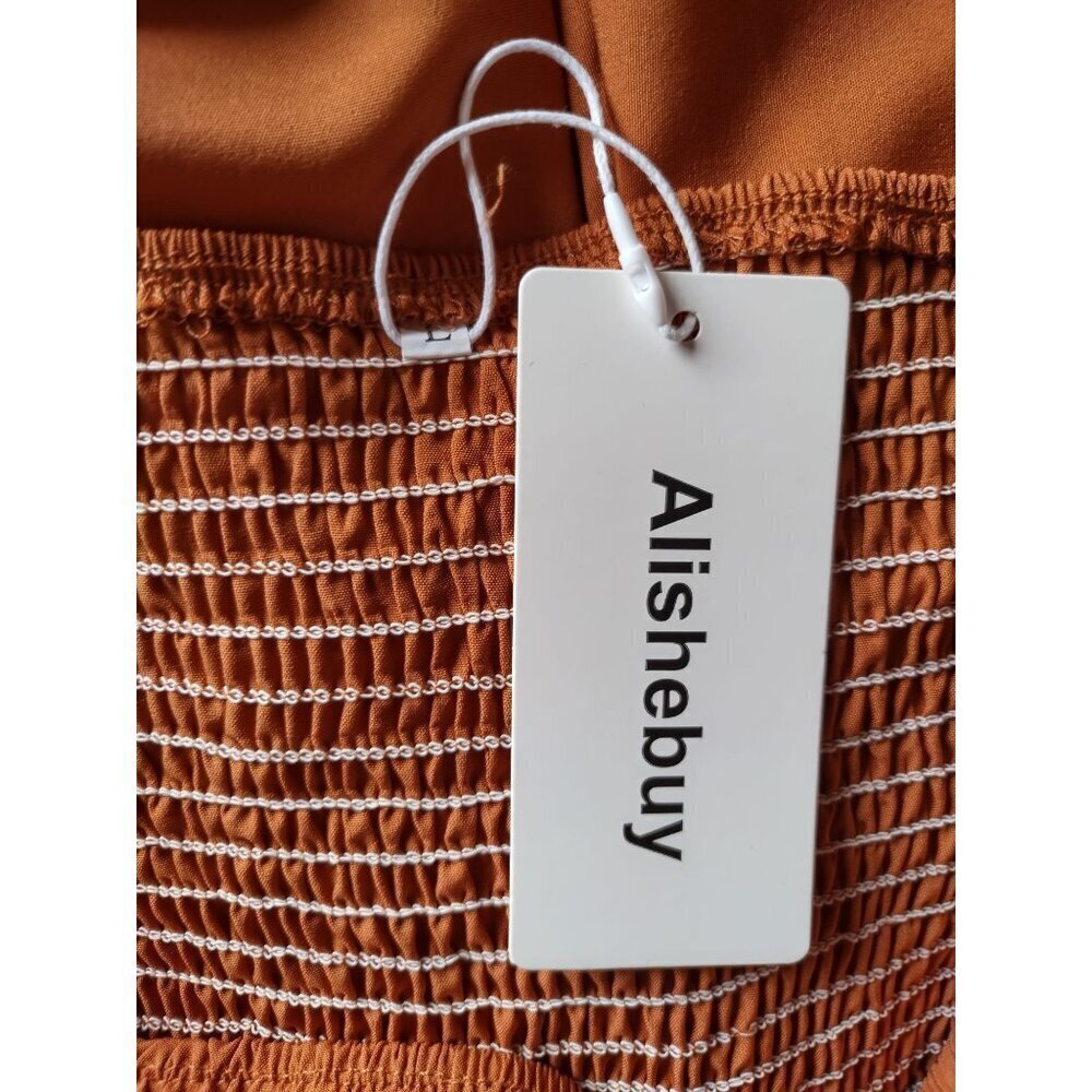 Long sleeve ruched dress in rust orange with ruffled hem, polyester. Size L NWT - Picture 6 of 10